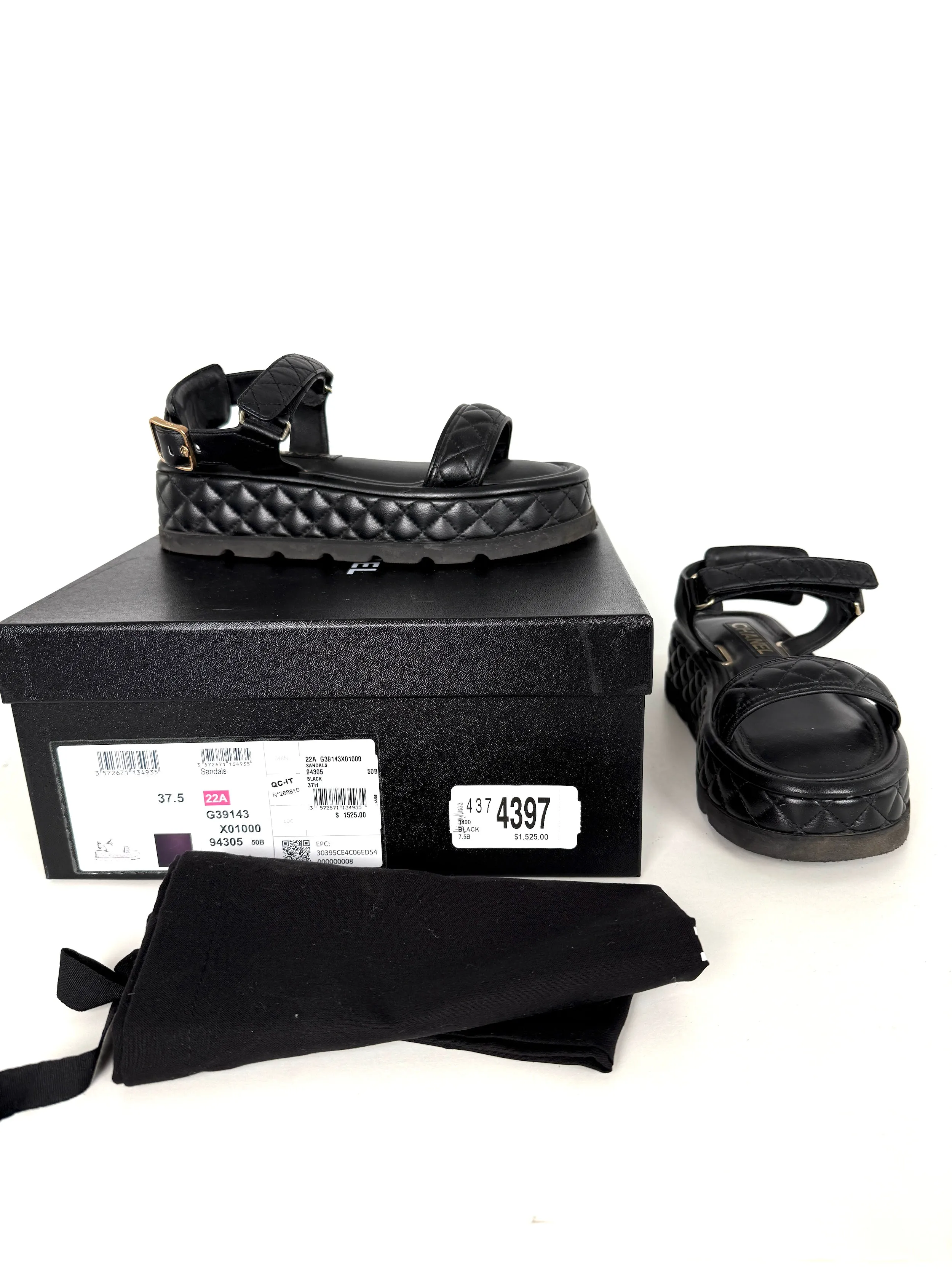 CHANEL Black Platform CC Logo Quilted Leather 2022 Sandals 37.5 7