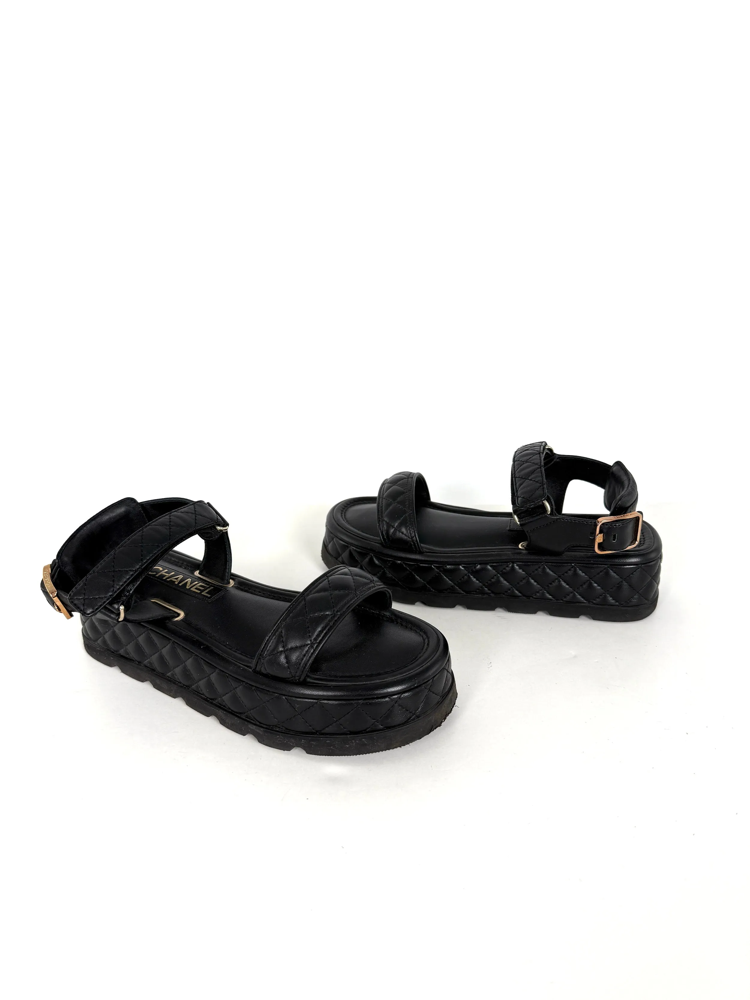 CHANEL Black Platform CC Logo Quilted Leather 2022 Sandals 37.5 7