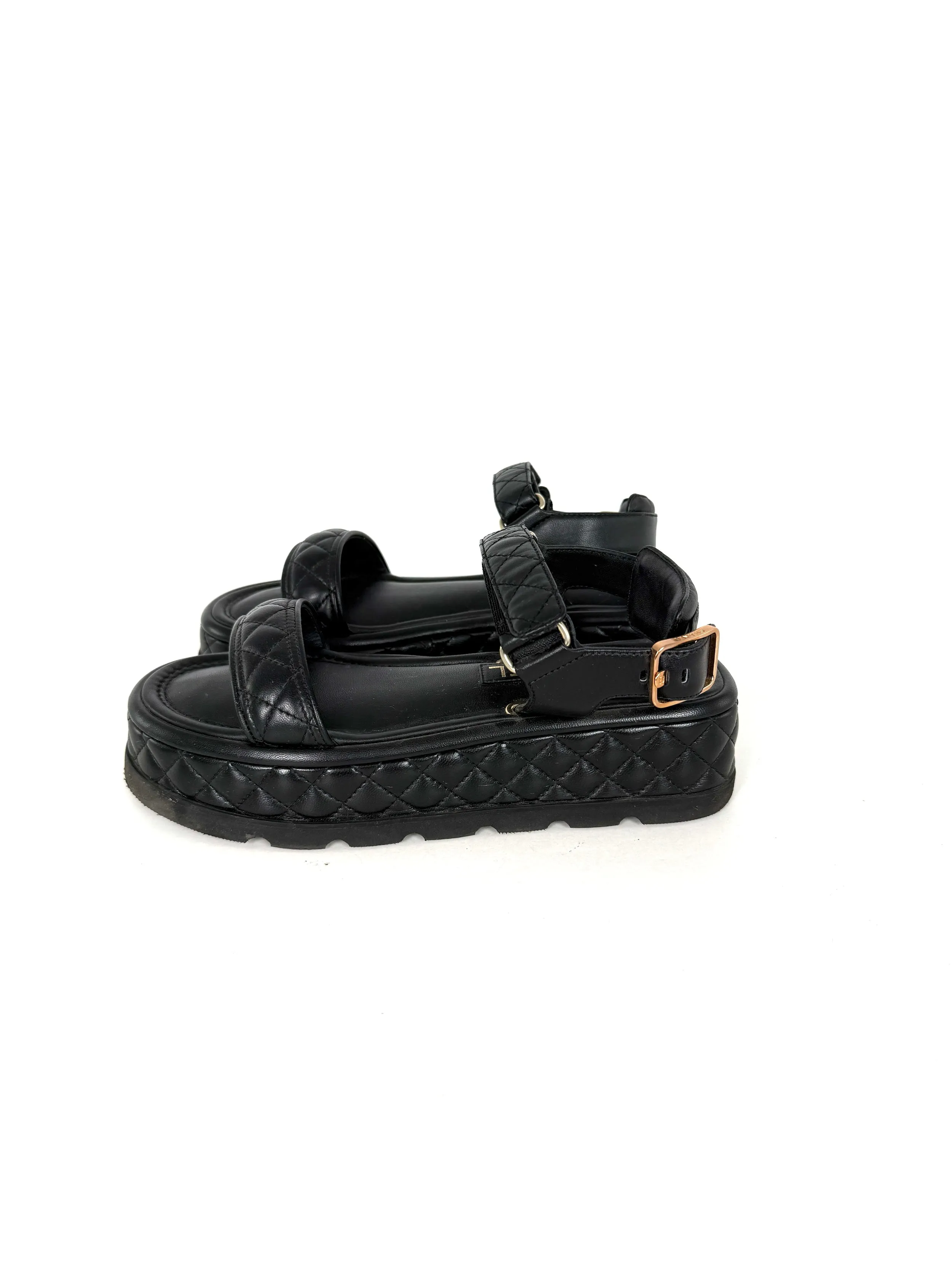 CHANEL Black Platform CC Logo Quilted Leather 2022 Sandals 37.5 7