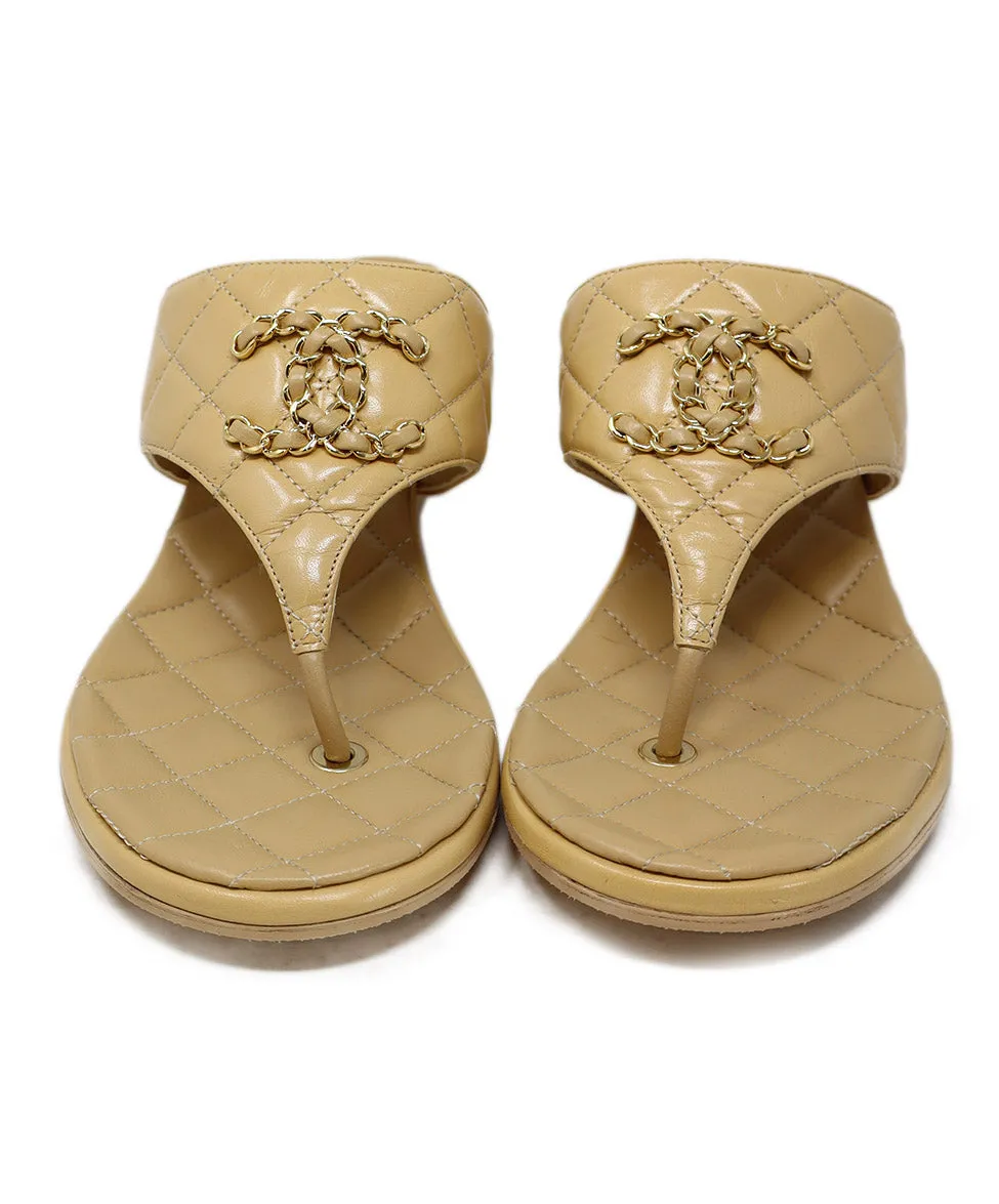 Chanel Tan Quilted Leather Logo Sandals sz 7.5