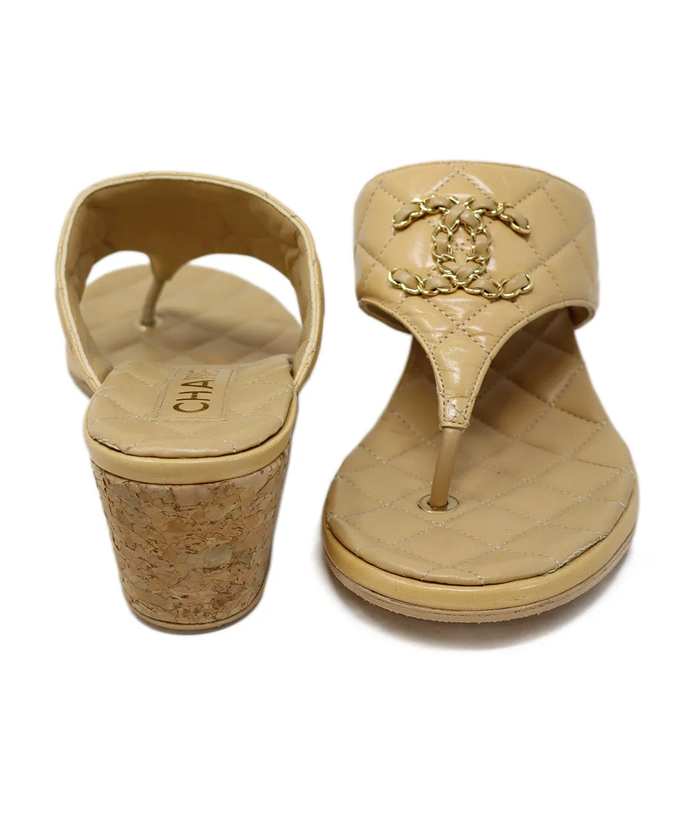 Chanel Tan Quilted Leather Logo Sandals sz 7.5