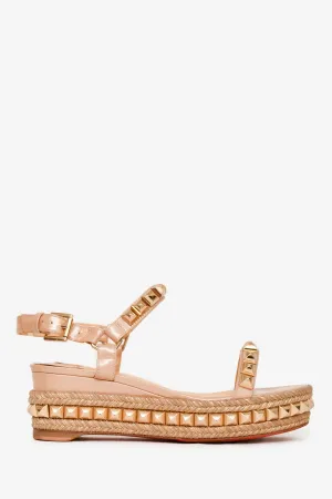 Christian Louboutin Beige Patent Leather Studded 'Cataclou' Platform Sandals Size 35