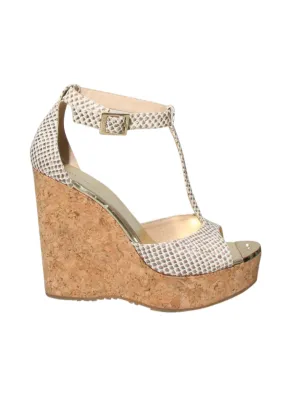 Embossed Leather Snake Print Wedge Sandals