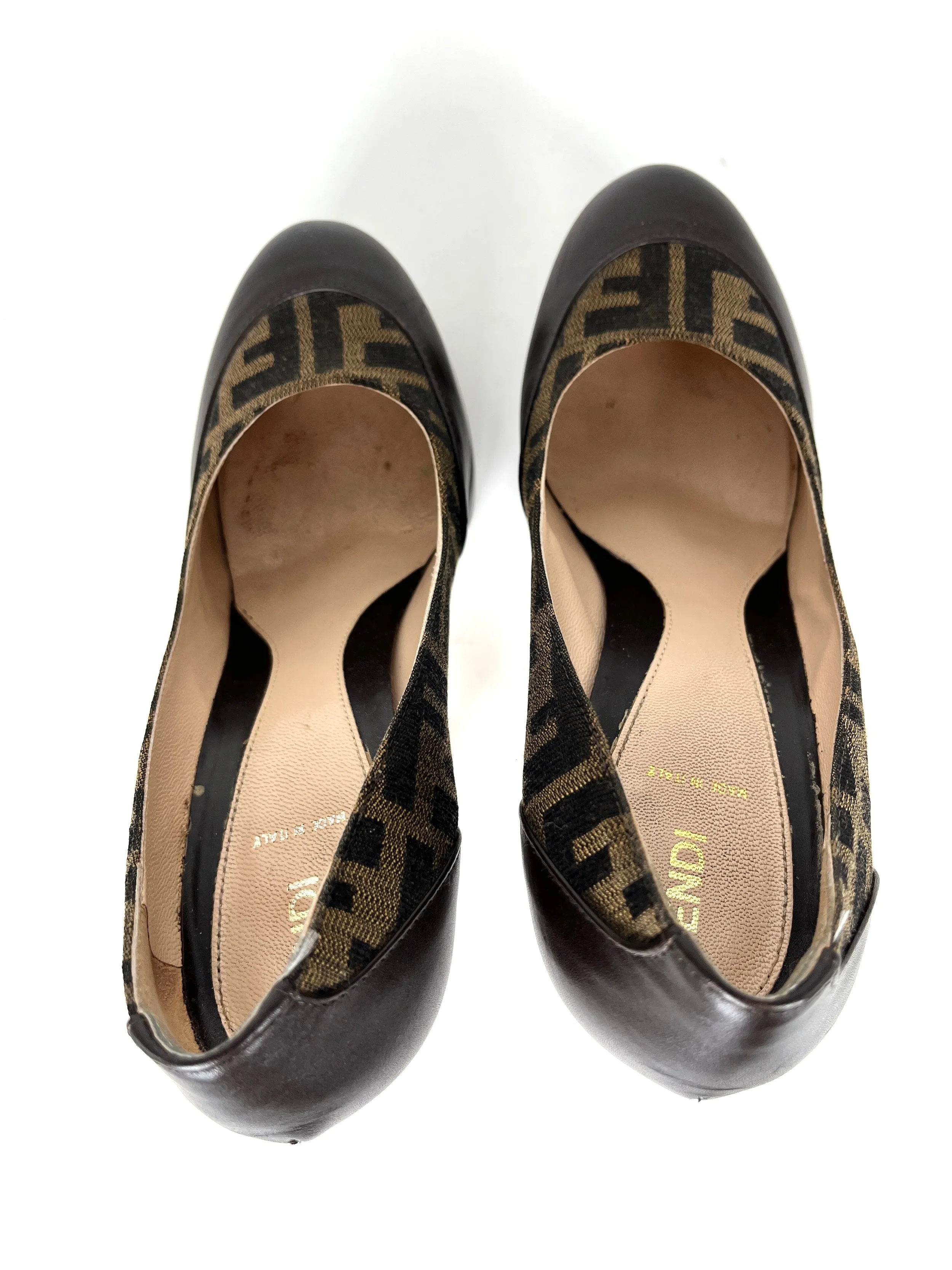 Fendi Zucca Platform High Heel Brown Round Toe Pumps 39 9