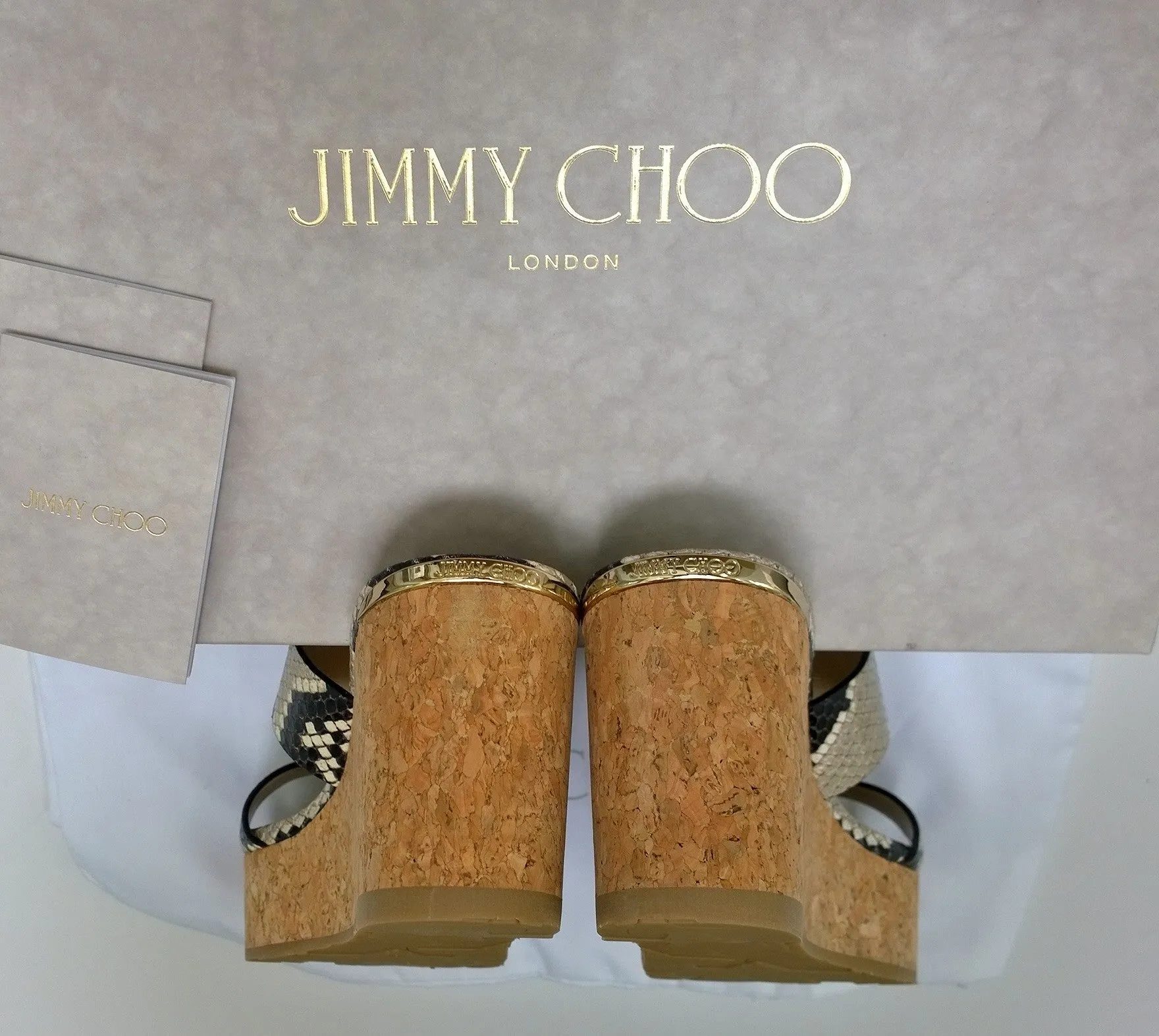 Jimmy Choo Atia 75 Snake Print Leather Cork Wedge Sandals Heels in Natural New in Box