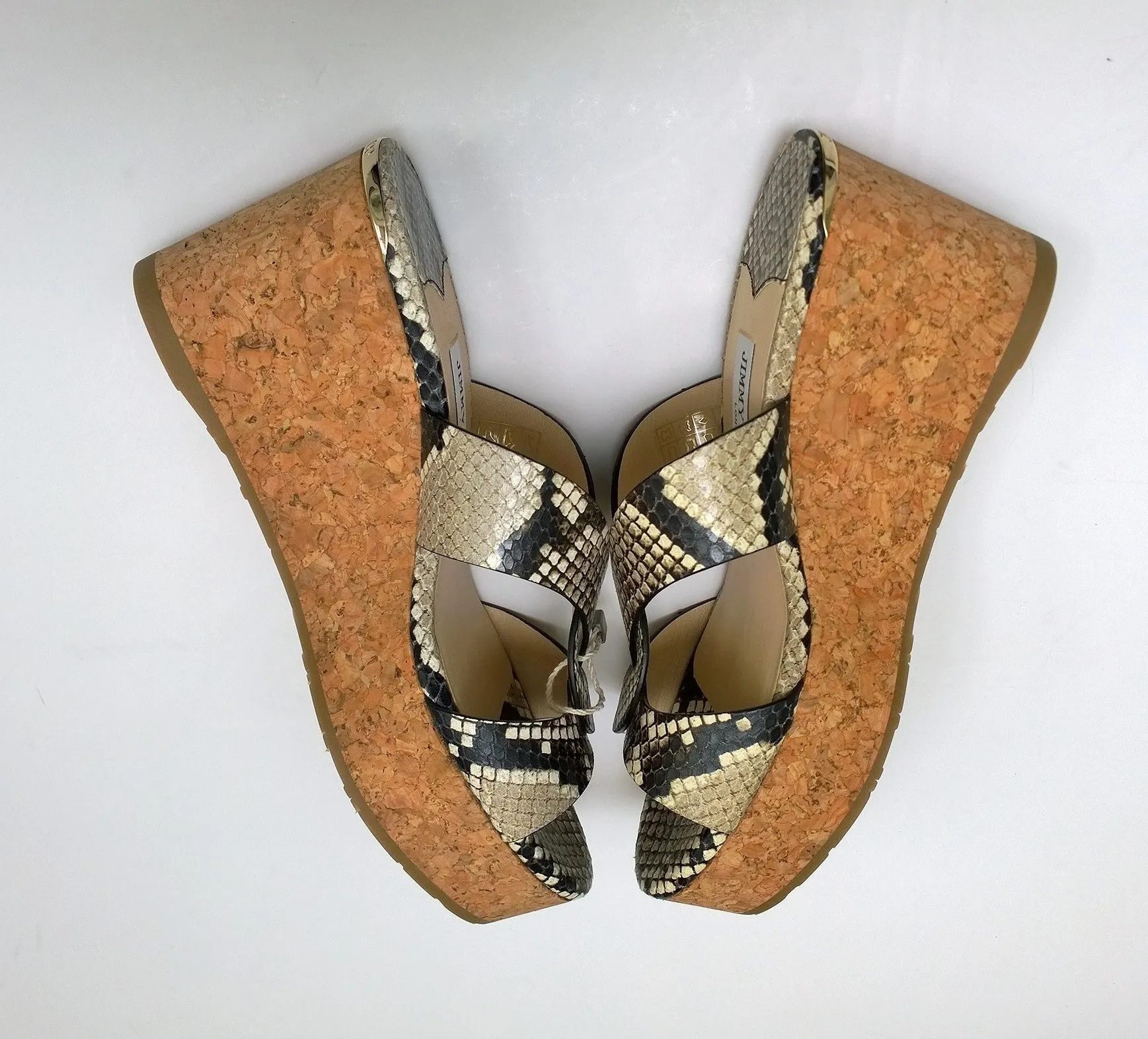 Jimmy Choo Atia 75 Snake Print Leather Cork Wedge Sandals Heels in Natural New in Box