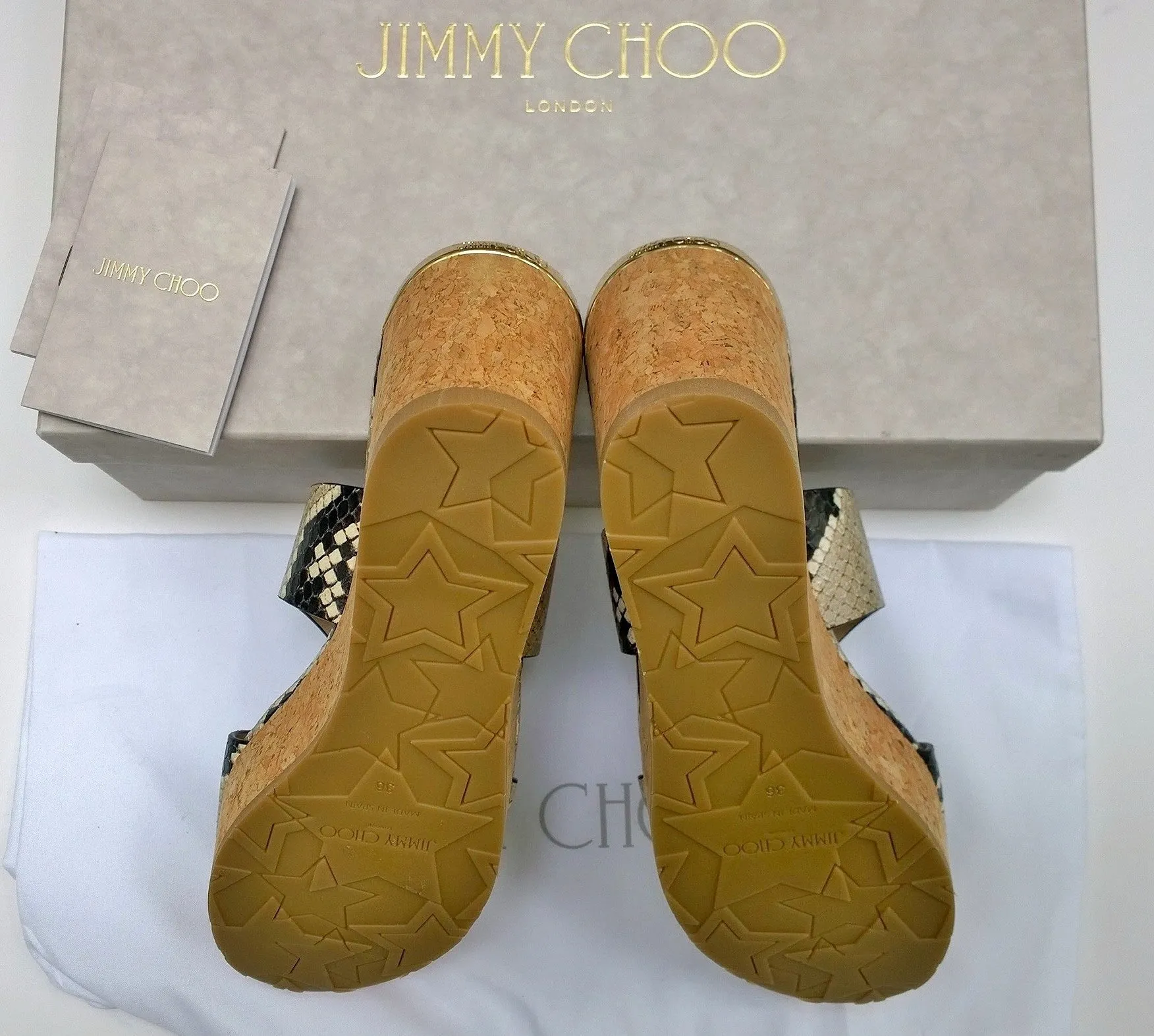 Jimmy Choo Atia 75 Snake Print Leather Cork Wedge Sandals Heels in Natural New in Box