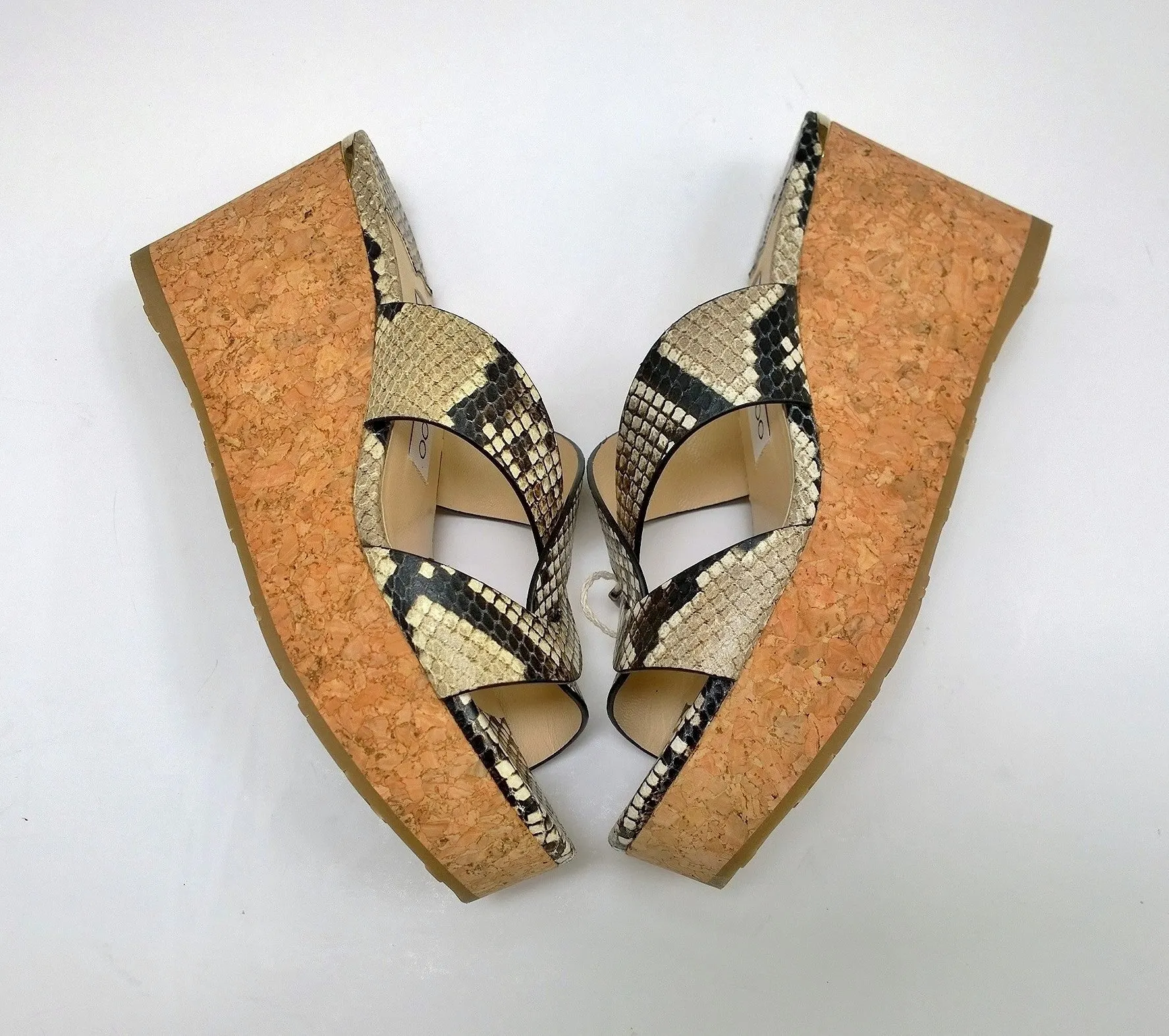 Jimmy Choo Atia 75 Snake Print Leather Cork Wedge Sandals Heels in Natural New in Box