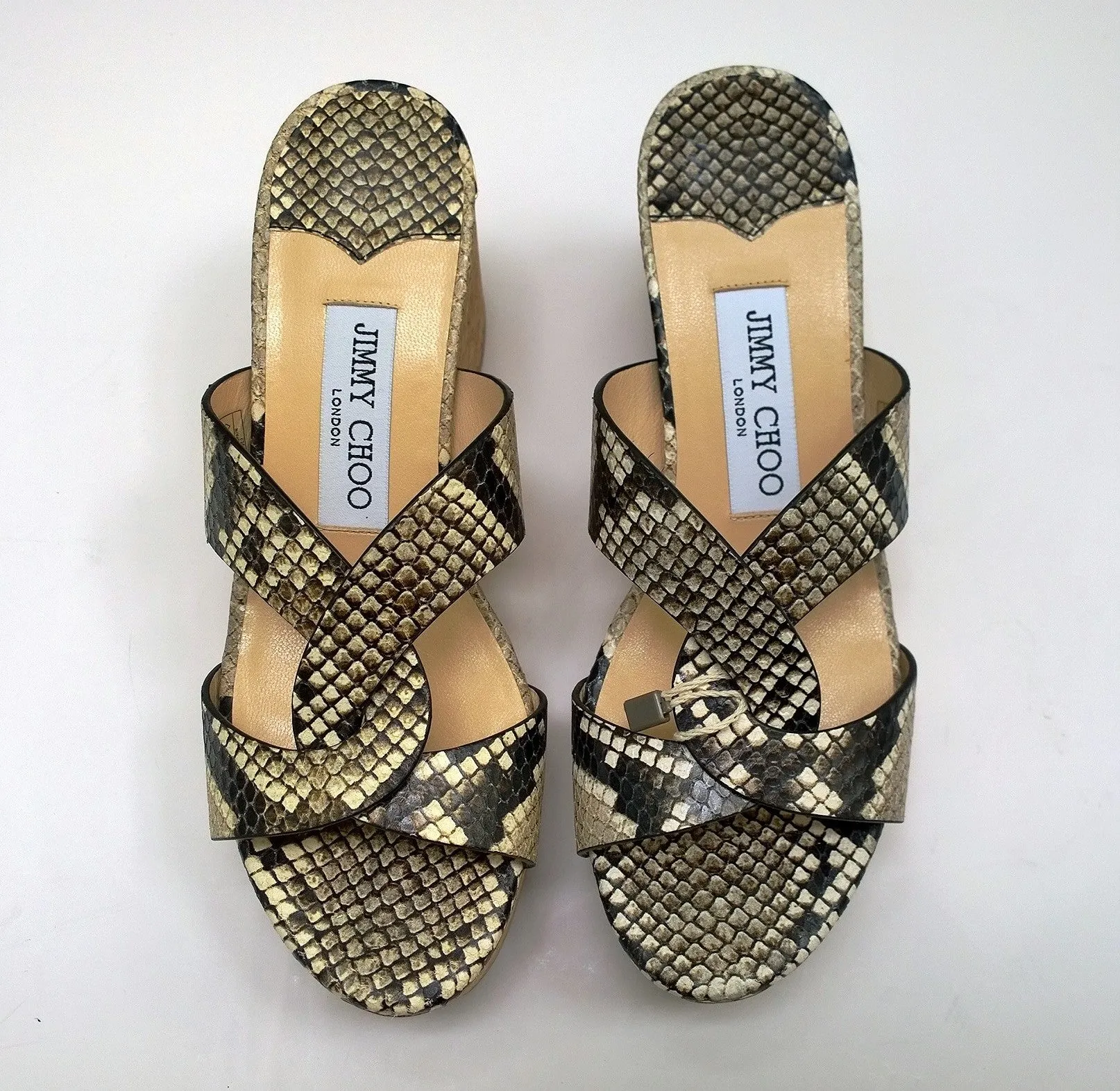 Jimmy Choo Atia 75 Snake Print Leather Cork Wedge Sandals Heels in Natural New in Box