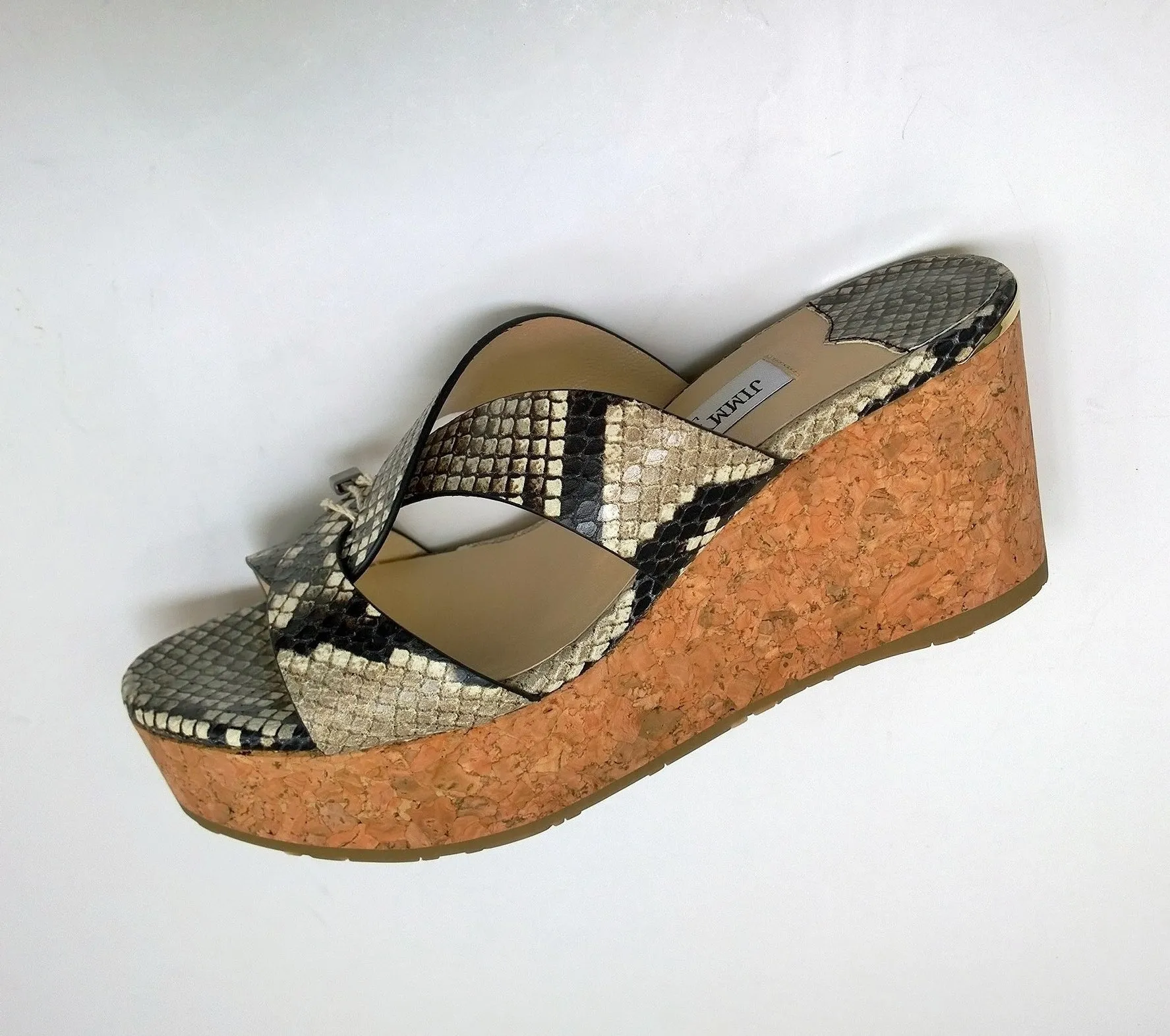 Jimmy Choo Atia 75 Snake Print Leather Cork Wedge Sandals Heels in Natural New in Box