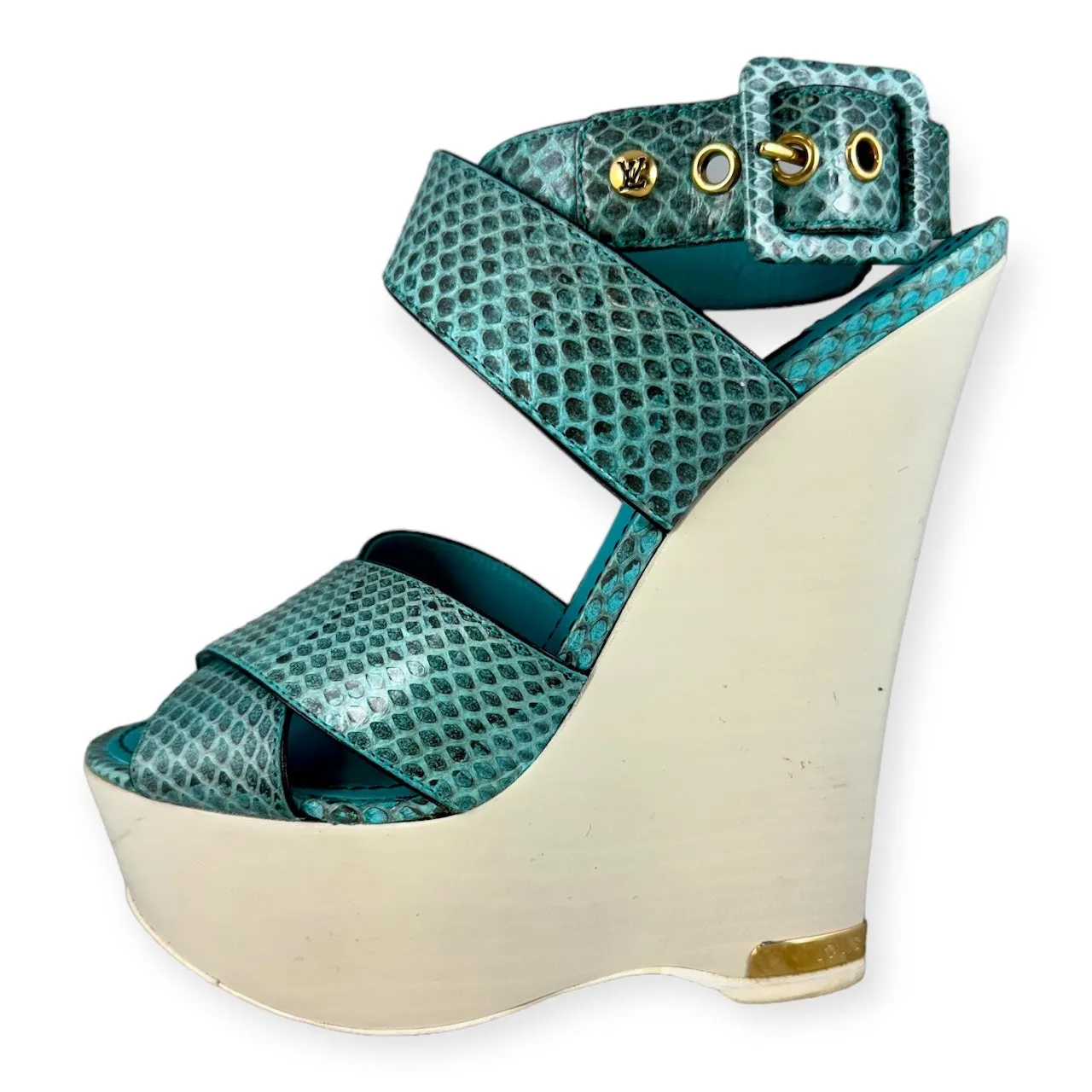 LOUIS VUITTON Snake Wedge Sandals in Turquoise | Size 37.5