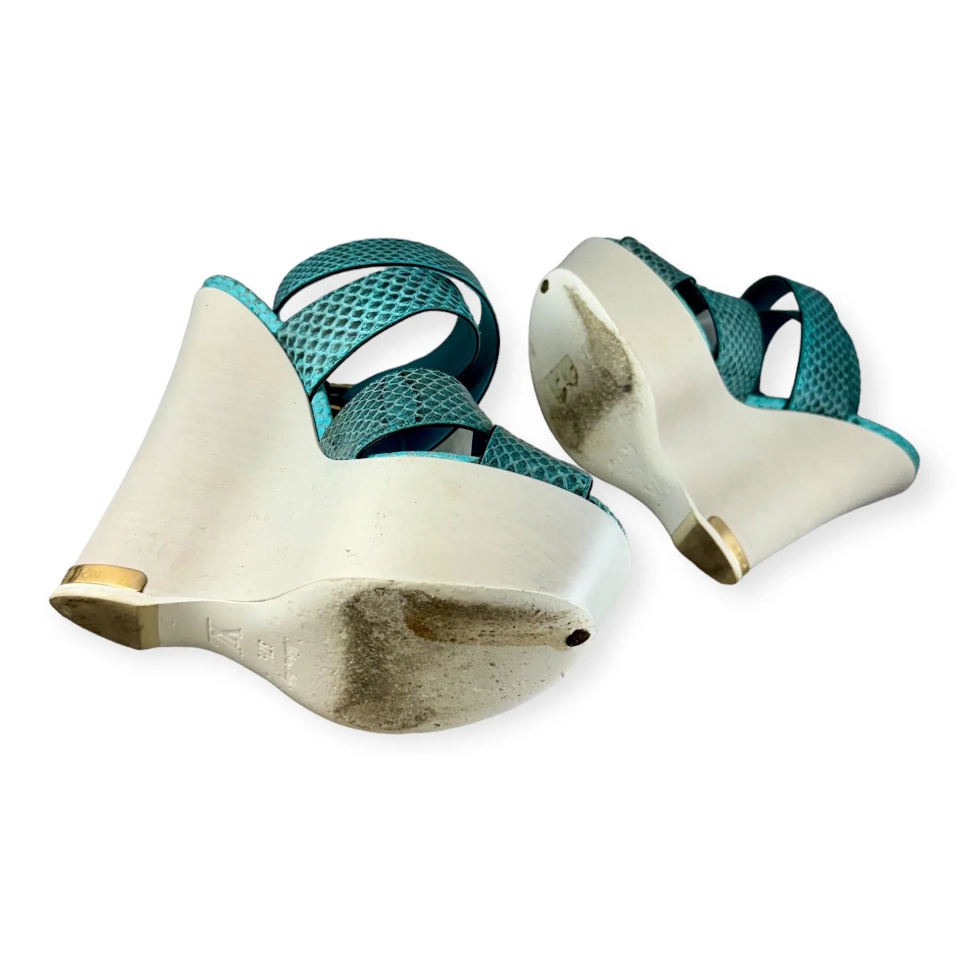 LOUIS VUITTON Snake Wedge Sandals in Turquoise | Size 37.5