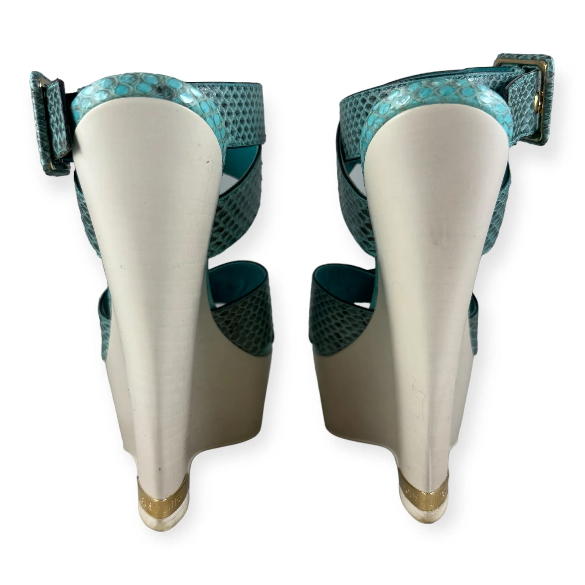 LOUIS VUITTON Snake Wedge Sandals in Turquoise | Size 37.5