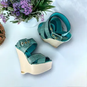 LOUIS VUITTON Snake Wedge Sandals in Turquoise | Size 37.5