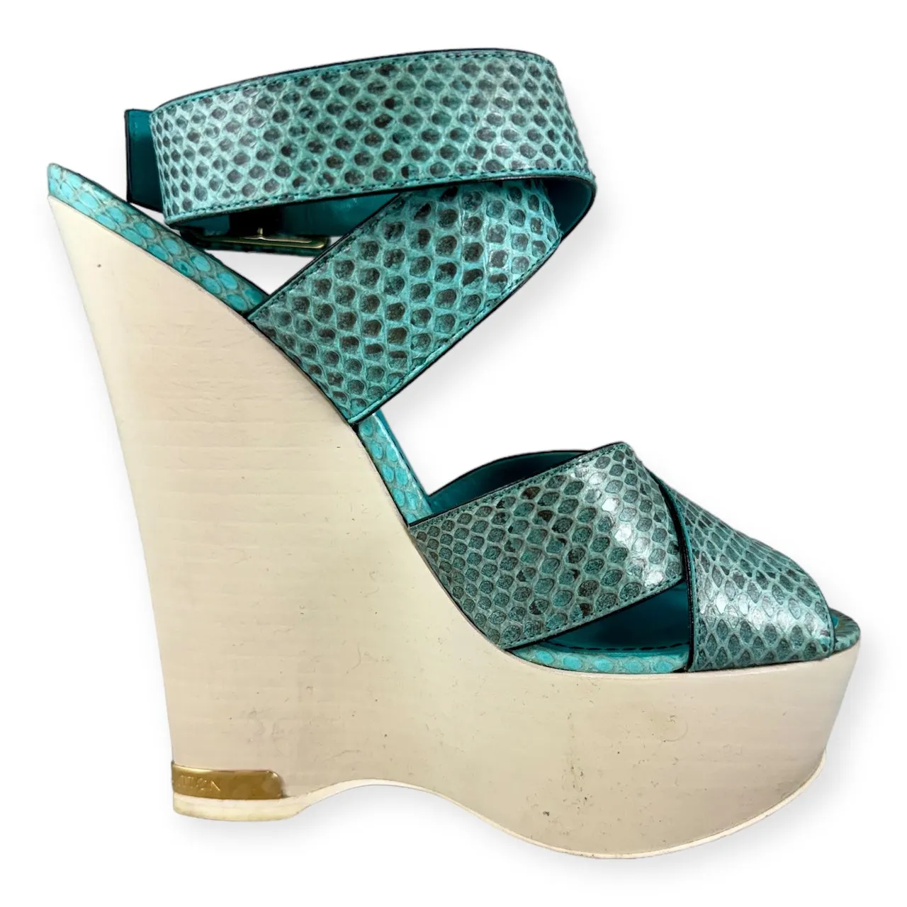 LOUIS VUITTON Snake Wedge Sandals in Turquoise | Size 37.5