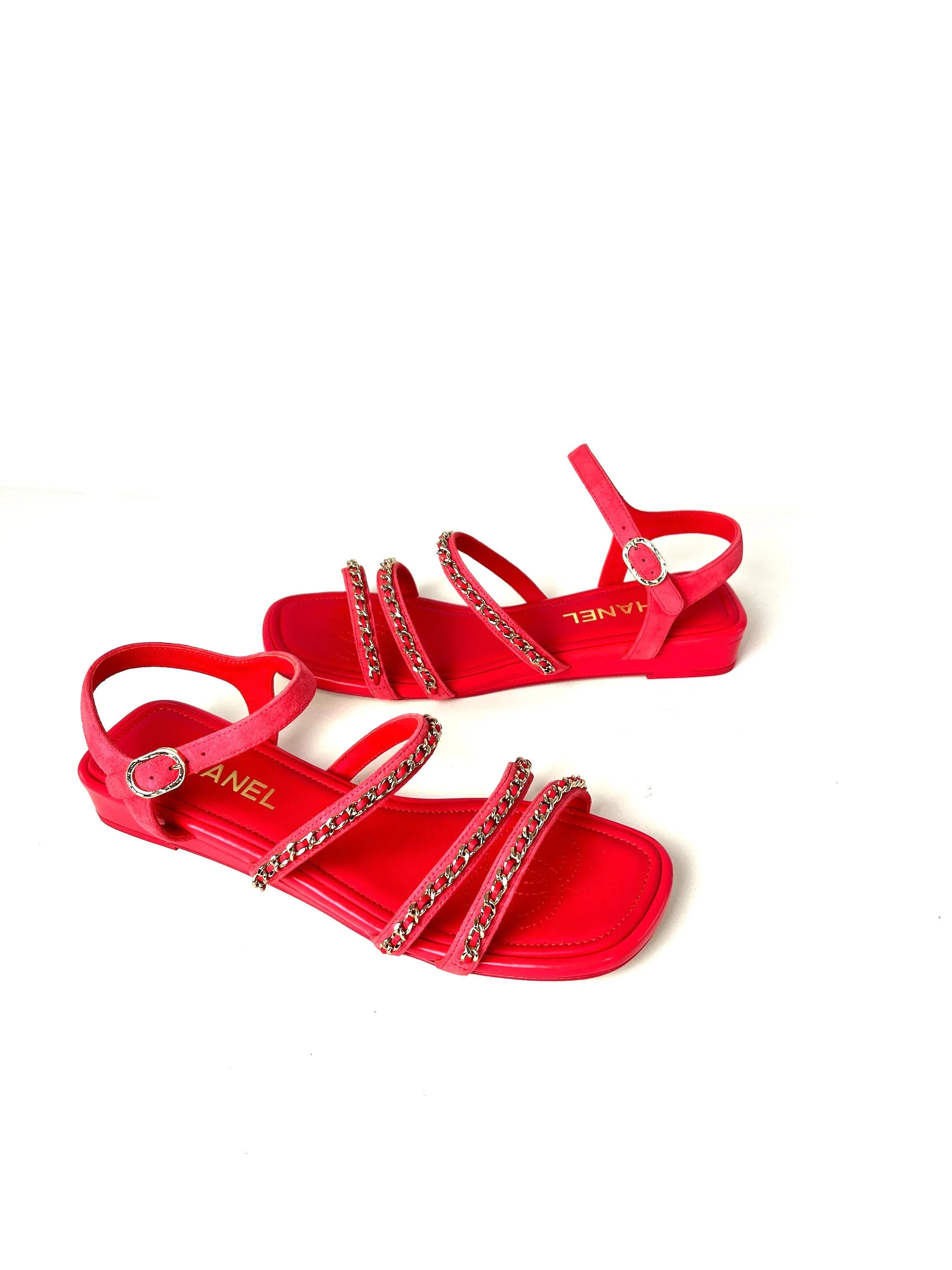 New CHANEL Chain Suede Leather 23P Pink Wedge Sandals 38 7.5