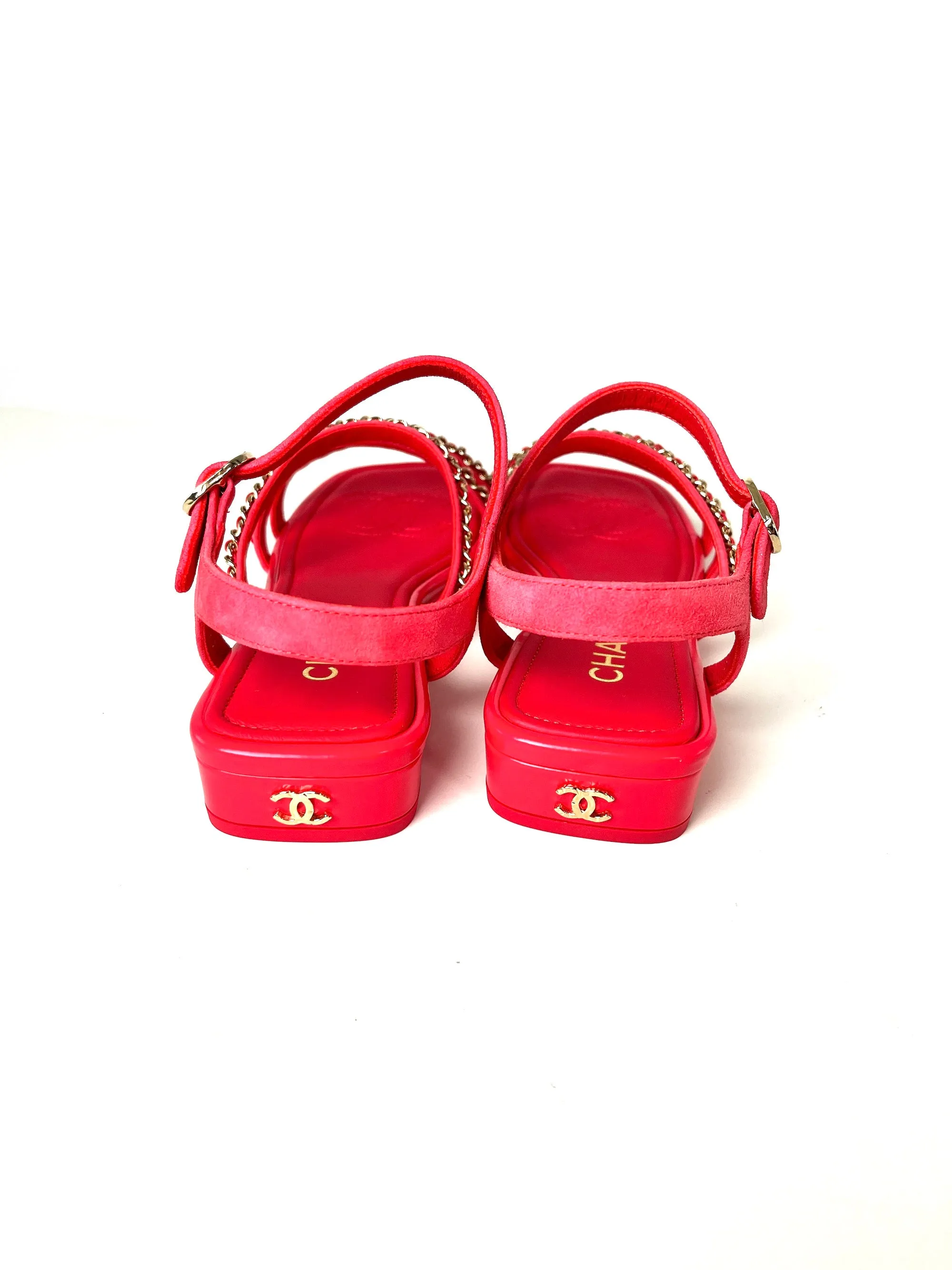 New CHANEL Chain Suede Leather 23P Pink Wedge Sandals 38 7.5