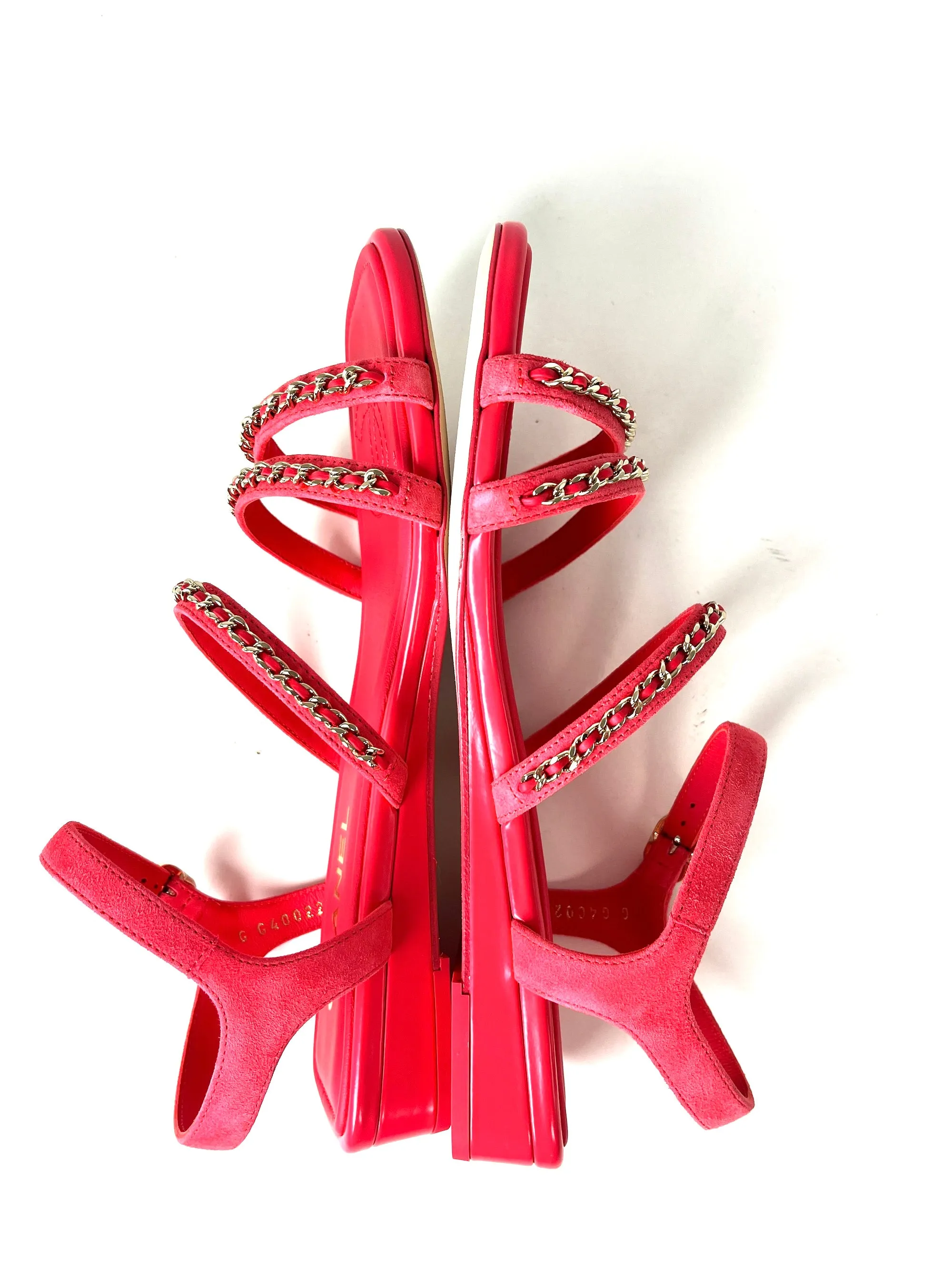 New CHANEL Chain Suede Leather 23P Pink Wedge Sandals 38 7.5