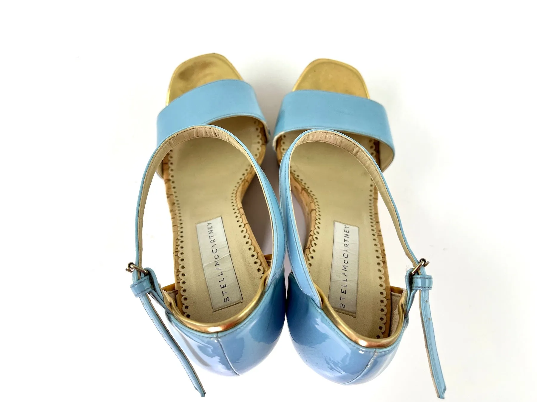 Stella McCartney Vegetarian Patent Leather Blue Wedge Platform Sandals 38 7.5