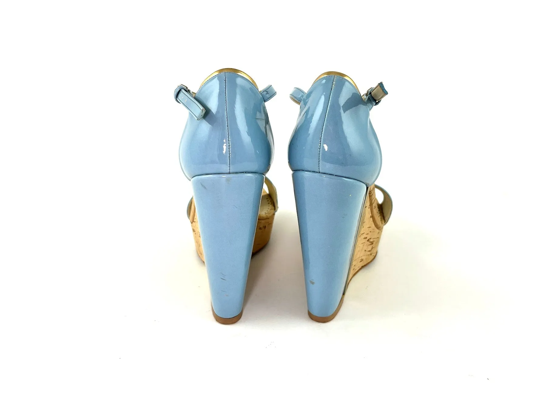 Stella McCartney Vegetarian Patent Leather Blue Wedge Platform Sandals 38 7.5